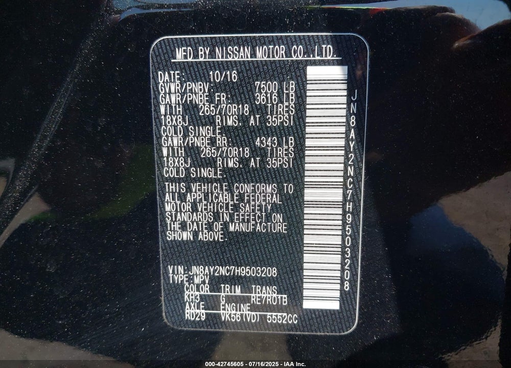 2017 NISSAN ARMADA SV VIN: JN8AY2NC7H9503208