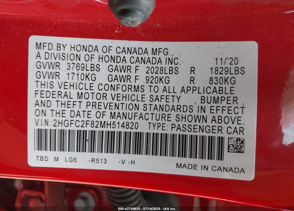 2021 HONDA CIVIC VIN: 2HGFC2F82MH514820