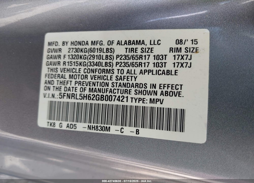 2016 HONDA ODYSSEY VIN: 5FNRL5H62GB007421