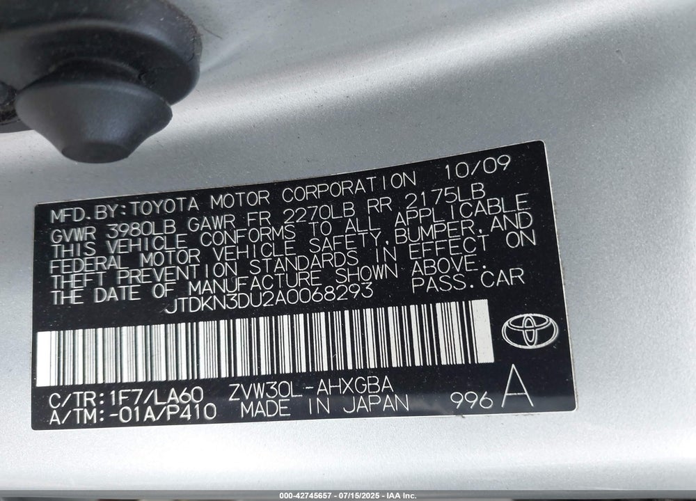 2010 TOYOTA PRIUS VIN: JTDKN3DU2A0068293