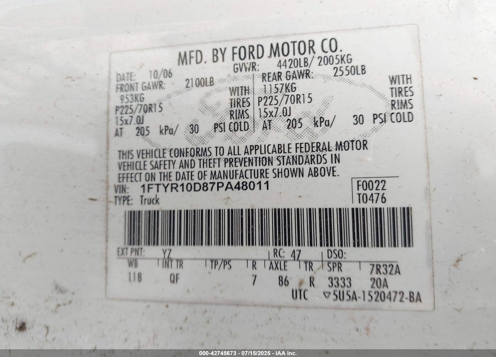 2007 FORD RANGER VIN: 1FTYR10D87PA48011