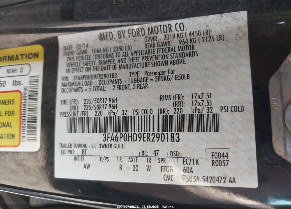 2014 FORD FUSION VIN: 3FA6P0HD9ER290183