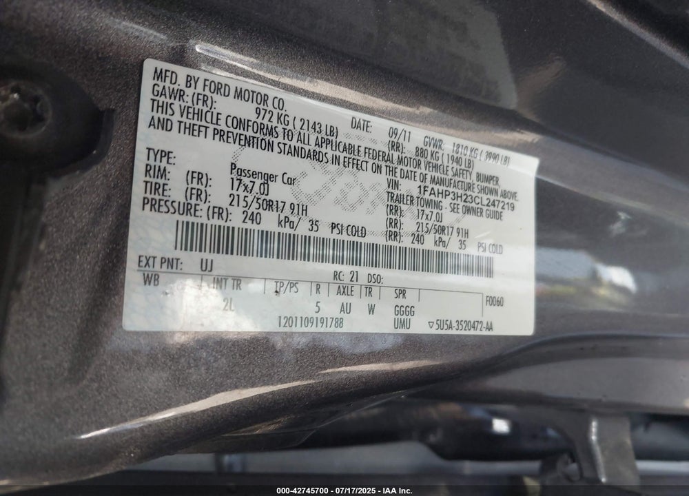 2012 FORD FOCUS VIN: 1FAHP3H23CL247219