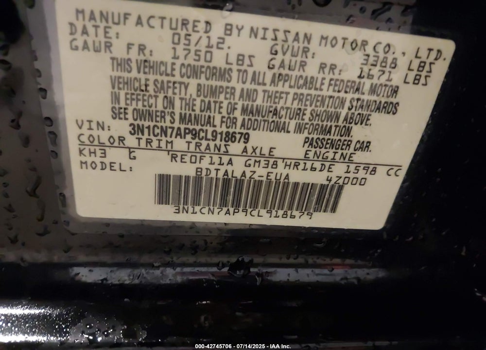 2012 NISSAN VERSA VIN: 3N1CN7AP9CL918679