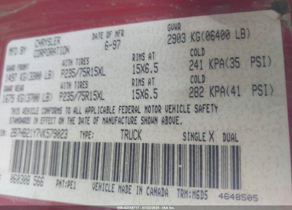 1997 DODGE RAM VAN 2500 COMMERCIAL VIN: 2B7HB21Y7VK579023