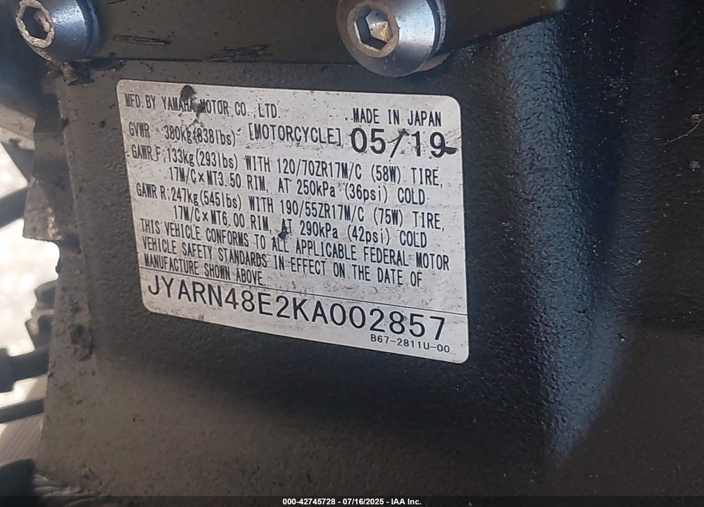 2019 YAMAHA MTN1000 VIN: JYARN48E2KA002857