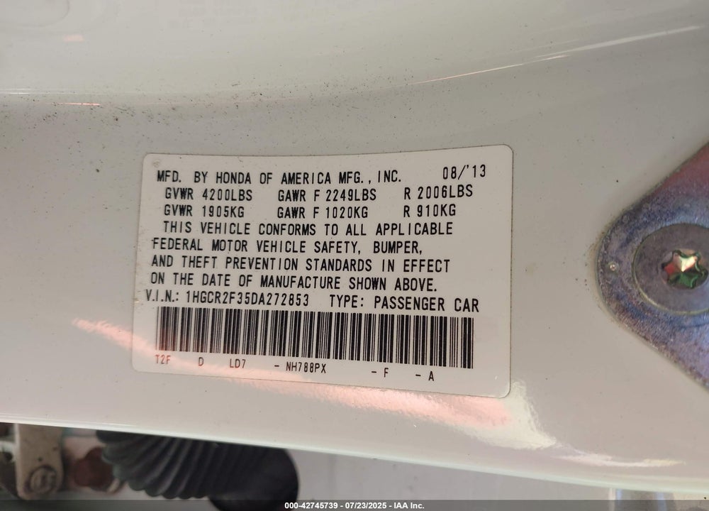 2013 HONDA ACCORD LX VIN: 1HGCR2F35DA272853