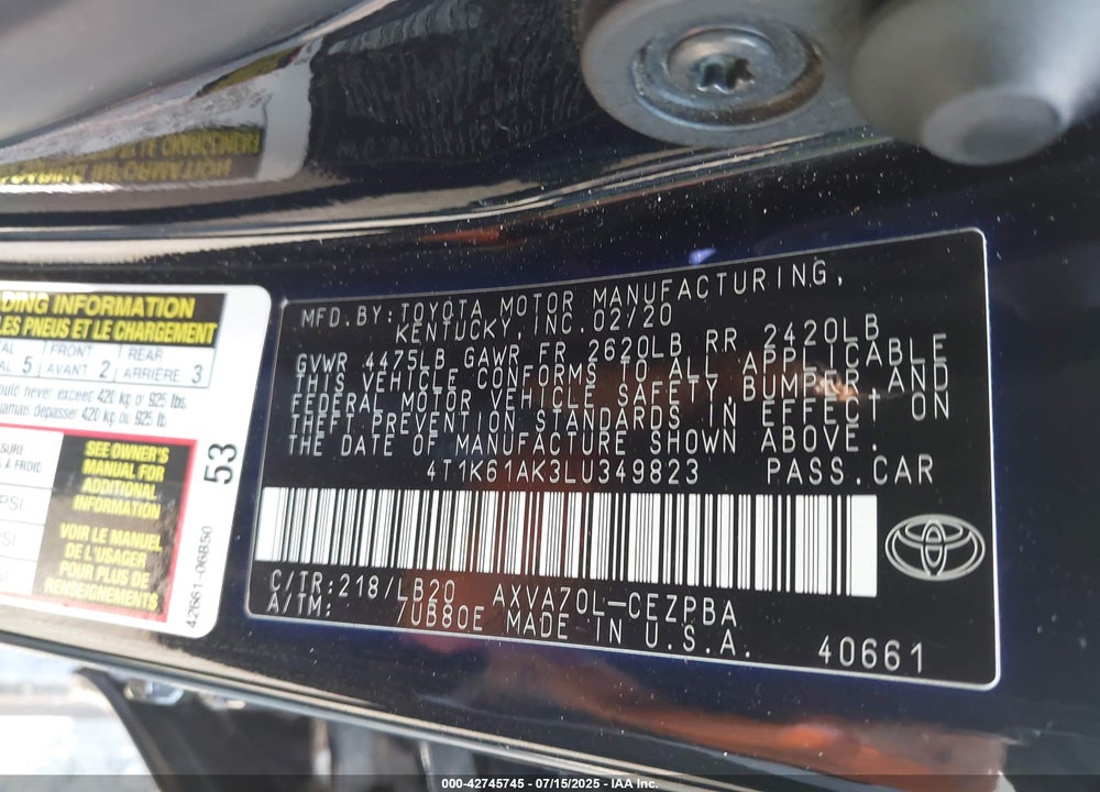 2020 TOYOTA CAMRY VIN: 4T1K61AK3LU349823
