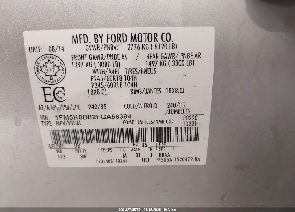 2015 FORD EXPLORER XLT VIN: 1FM5K8D82FGA58394