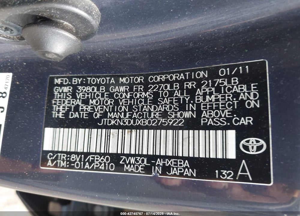 2011 TOYOTA PRIUS VIN: JTDKN3DUXB0275922