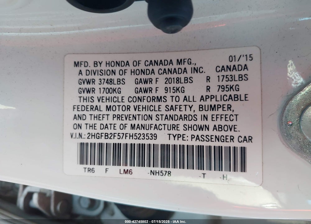 2015 HONDA CIVIC VIN: 2HGFB2F57FH523539