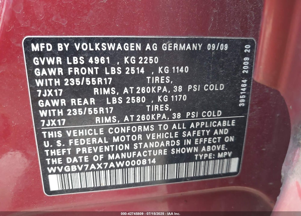 2010 VOLKSWAGEN TIGUAN VIN: WVGBV7AX7AW000814