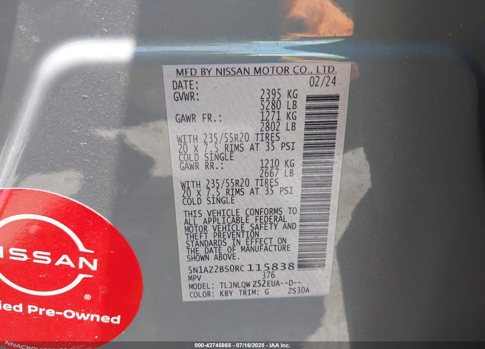2024 NISSAN MURANO VIN: 5N1AZ2BS0RC115838