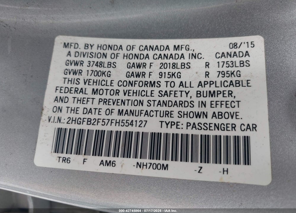 2015 HONDA CIVIC VIN: 2HGFB2F57FH554127