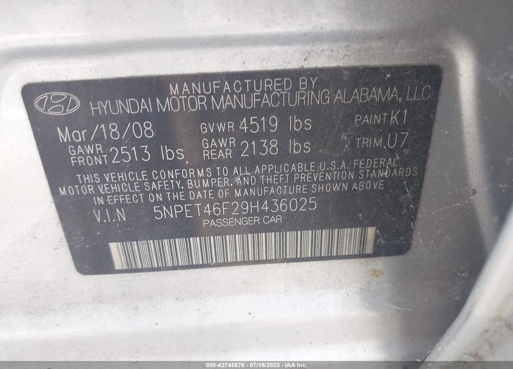 2009 HYUNDAI SONATA VIN: 5NPET46F29H436025