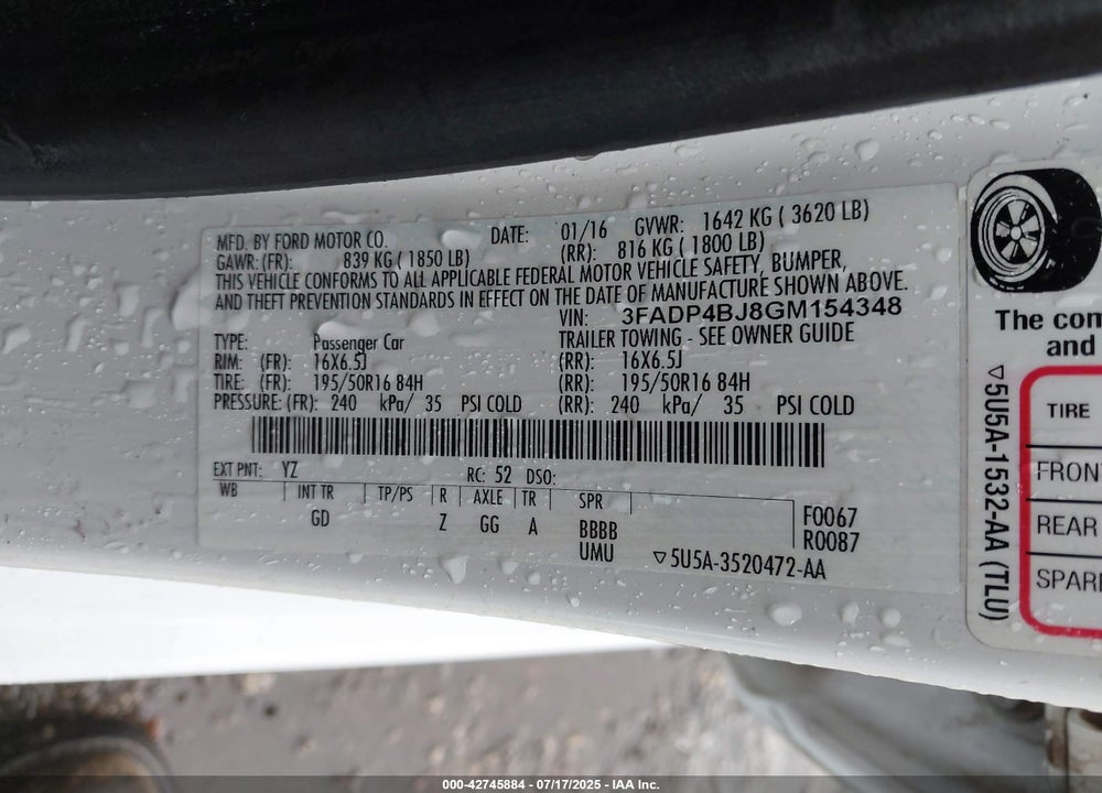 2016 FORD FIESTA VIN: 3FADP4BJ8GM154348