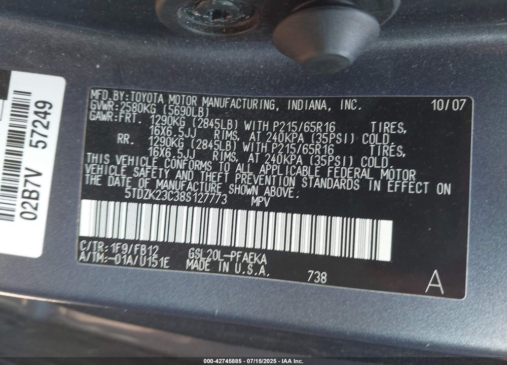 2008 TOYOTA SIENNA VIN: 5TDZK23C38S127773