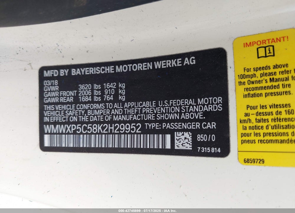 2019 MINI COOPER VIN: WMWXP5C58K2H29952