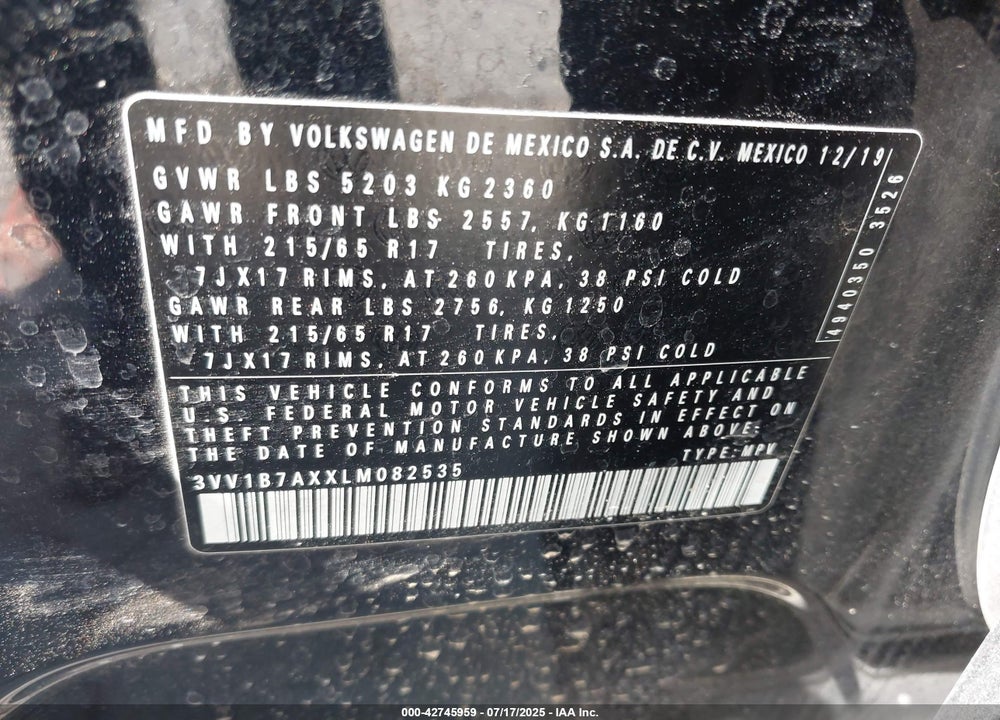 2020 VOLKSWAGEN TIGUAN VIN: 3VV1B7AXXLM082535