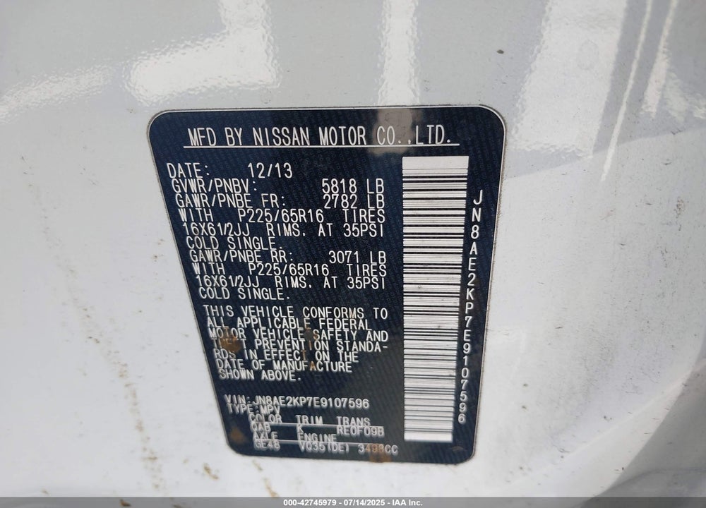 2014 NISSAN QUEST S VIN: JN8AE2KP7E9107596