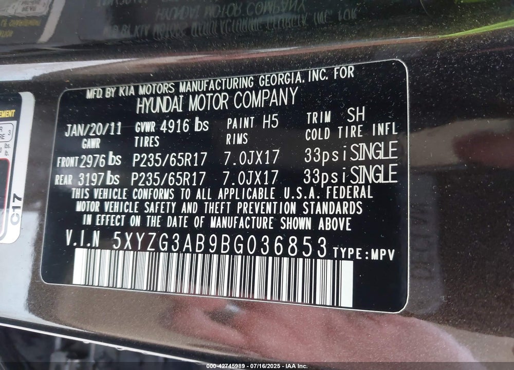 2011 HYUNDAI SANTA FE VIN: 5XYZG3AB9BG036853