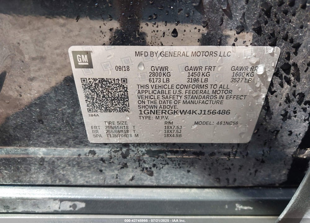 2019 CHEVROLET TRAVERSE VIN: 1GNERGKW4KJ156486