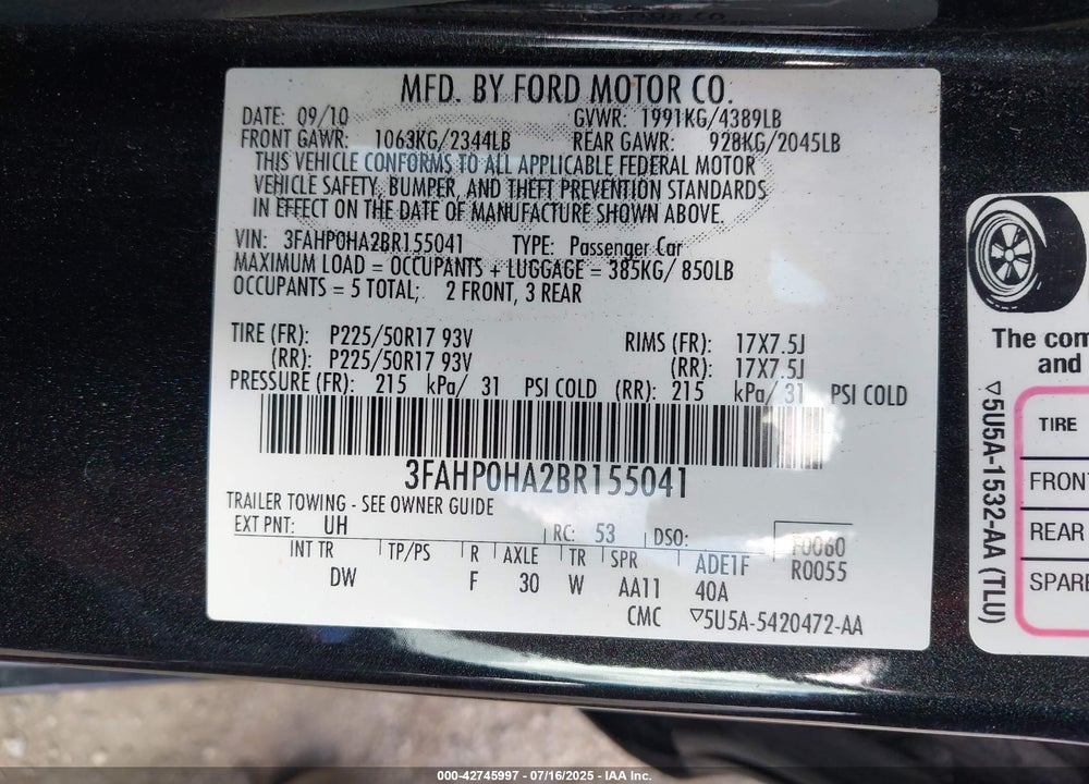 2011 FORD FUSION SE VIN: 3FAHP0HA2BR155041