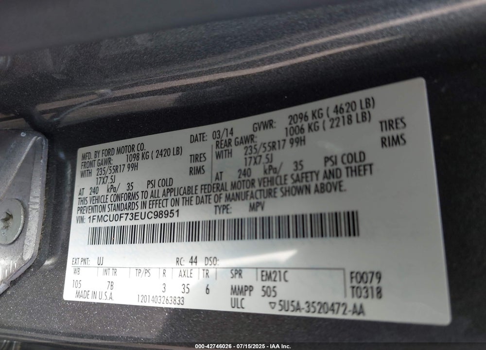 2014 FORD ESCAPE VIN: 1FMCU0F73EUC98951