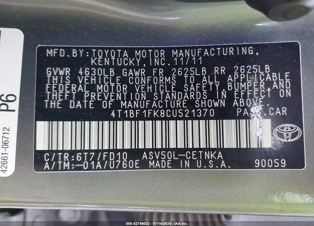 2012 TOYOTA CAMRY VIN: 4T1BF1FK8CU521370