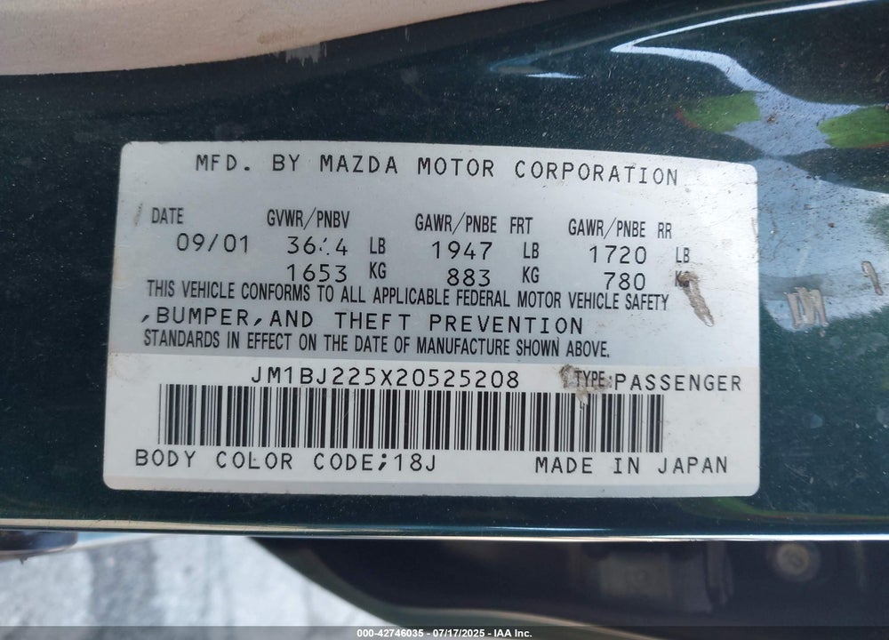 2002 MAZDA PROTEGE DX/ES/LX VIN: JM1BJ225X20525208