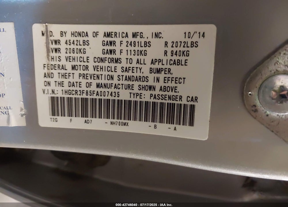 2015 HONDA ACCORD VIN: 1HGCR3F85FA007435