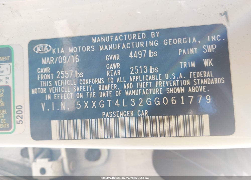 2016 KIA OPTIMA VIN: 5XXGT4L32GG061779
