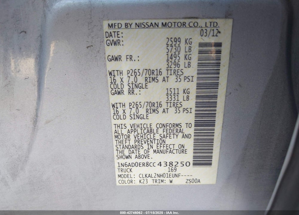2012 NISSAN FRONTIER VIN: 1N6AD0ER8CC438250