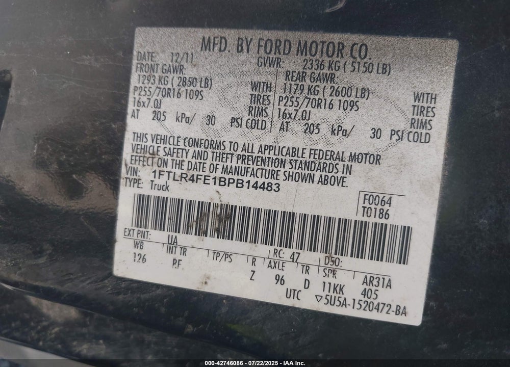2011 FORD RANGER VIN: 1FTLR4FE1BPB14483