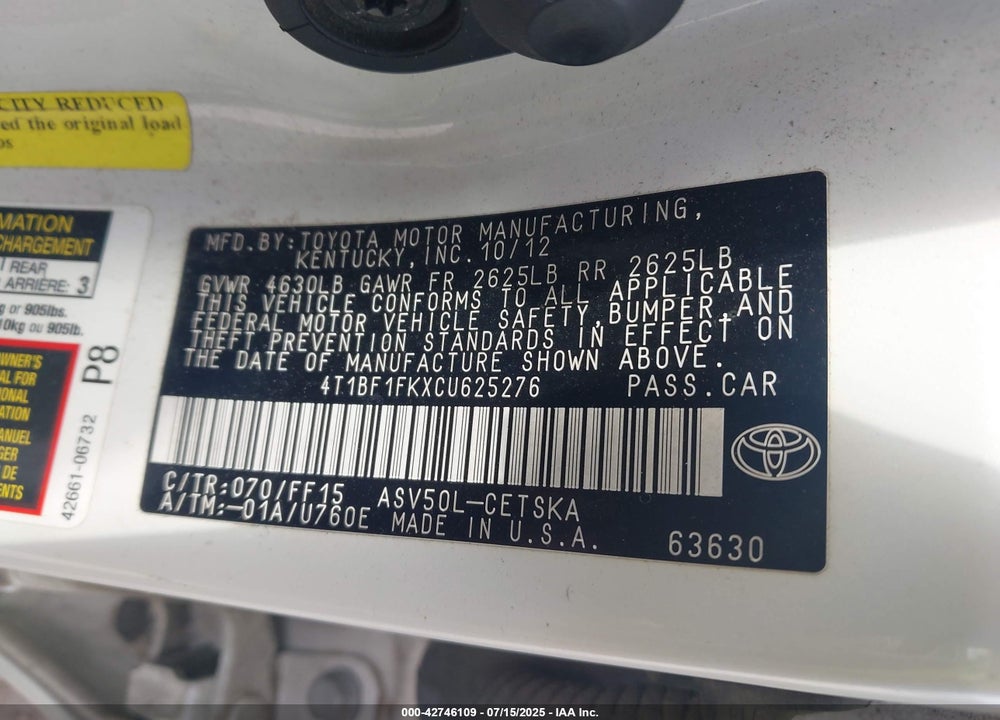 2012 TOYOTA CAMRY VIN: 4T1BF1FKXCU625276