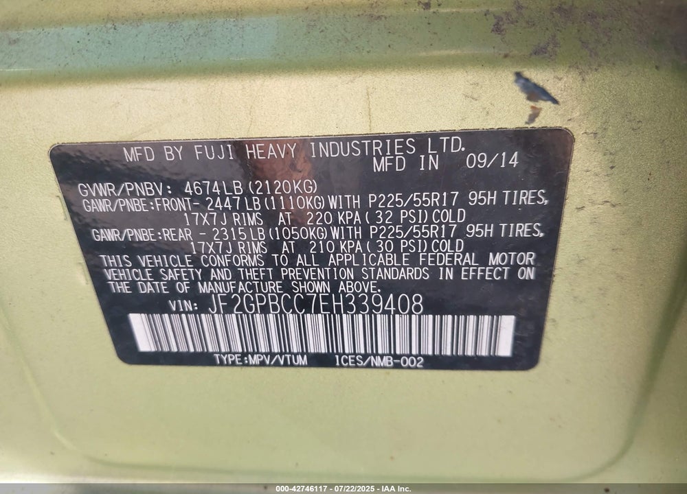 2014 SUBARU XV CROSSTREK VIN: JF2GPBCC7EH339408