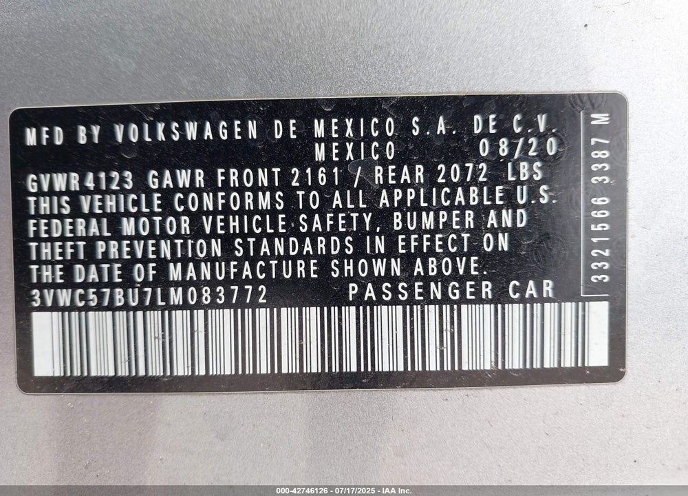 2020 VOLKSWAGEN JETTA VIN: 3VWC57BU7LM083772