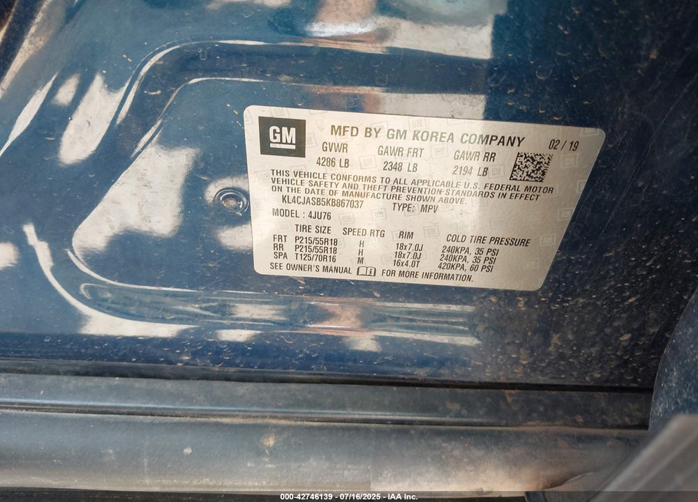 2019 BUICK ENCORE VIN: KL4CJASB5KB867037