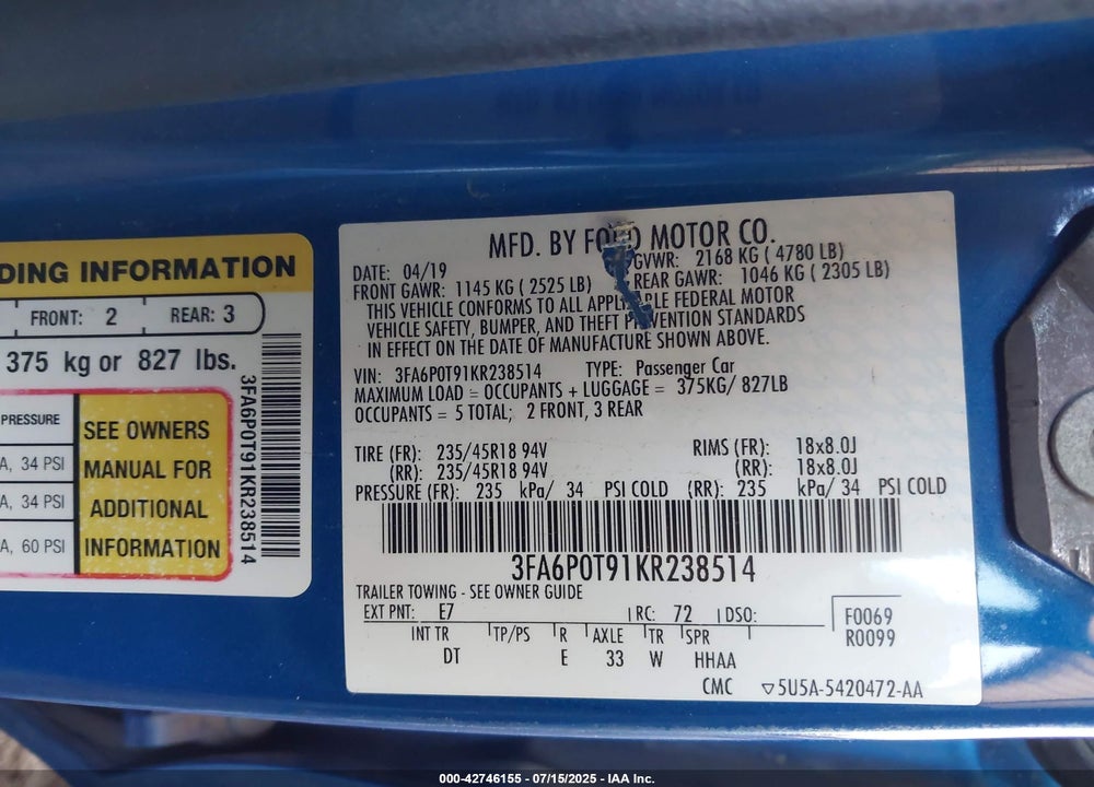2019 FORD FUSION VIN: 3FA6P0T91KR238514