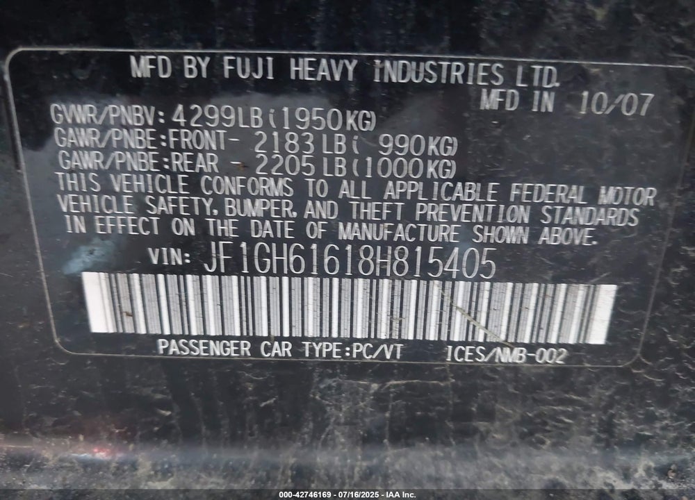 2008 SUBARU IMPREZA VIN: JF1GH61618H815405