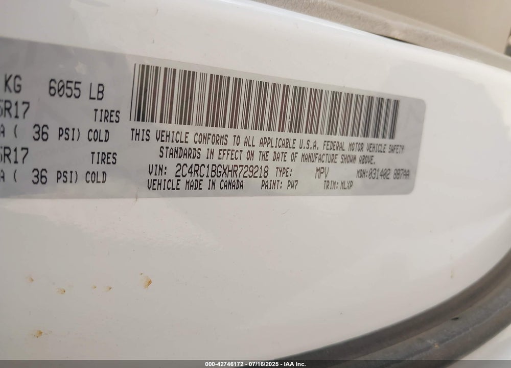 2017 CHRYSLER PACIFICA TOURING L VIN: 2C4RC1BGXHR729218