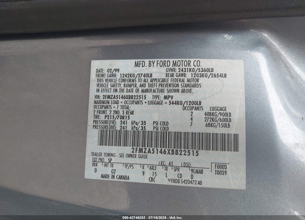 1999 FORD WINDSTAR LX VIN: 2FMZA5146XBB22515