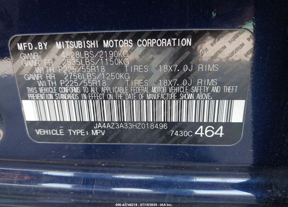 2017 MITSUBISHI OUTLANDER VIN: JA4AZ3A33HZ018496