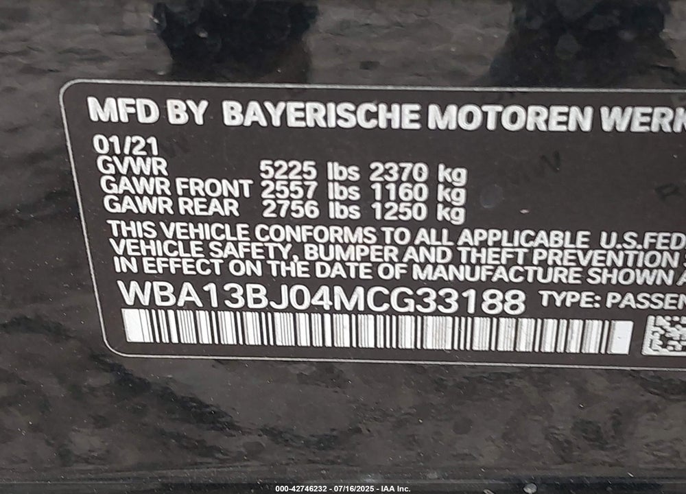 2021 BMW 5 SERIES VIN: WBA13BJ04MCG33188