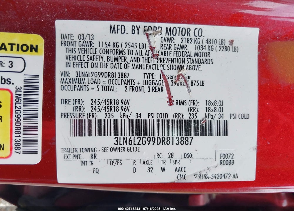 2013 LINCOLN MKZ VIN: 3LN6L2G99DR813887