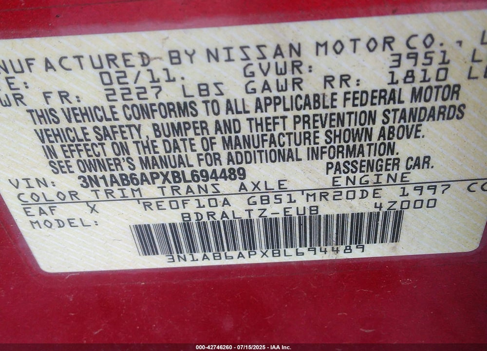 2011 NISSAN SENTRA VIN: 3N1AB6APXBL694489