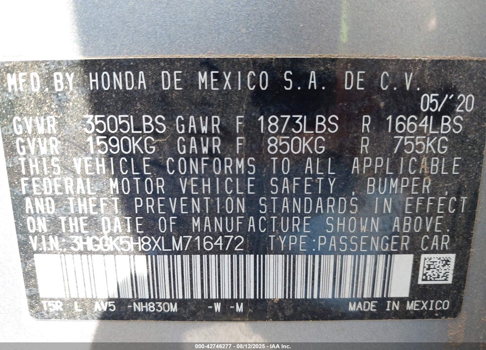 2020 HONDA FIT VIN: 3HGGK5H8XLM716472