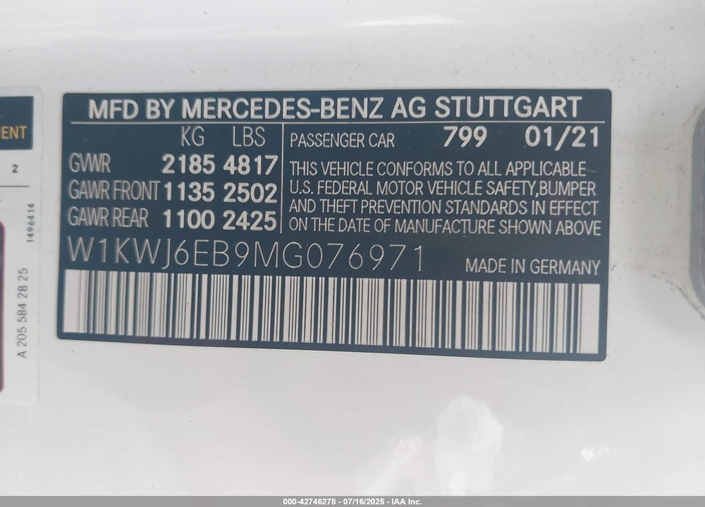 2021 MERCEDES-BENZ AMG C 43 4MATIC VIN: W1KWJ6EB9MG076971