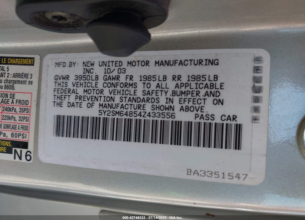 2004 PONTIAC VIBE VIN: 5Y2SM64854Z433556