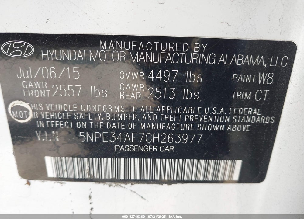 2016 HYUNDAI SONATA SPORT VIN: 5NPE34AF7GH263977